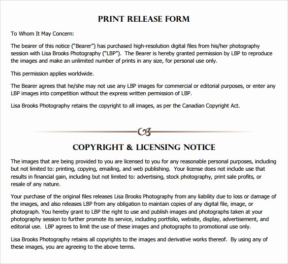 Photography Print Release Template Unique 9 Print Release forms – Samples Examples &amp; formats