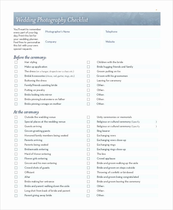 Photography Shot List Template Awesome 8 Wedding Checklist Pdf Samples