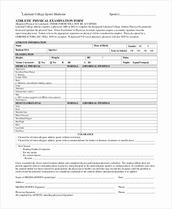 Physical Exam form Template Awesome 8 Sample Sports Physical forms