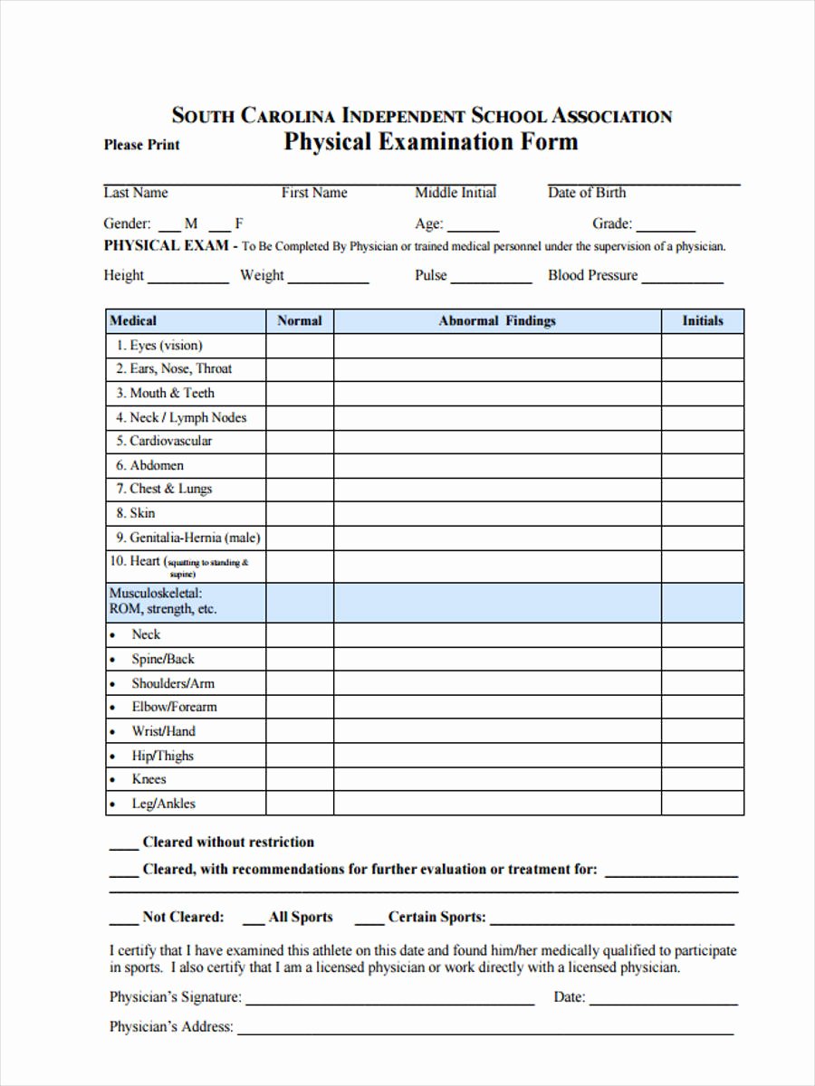 Physical Exam form Template Beautiful 6 School Physical form Sample Free Sample Example