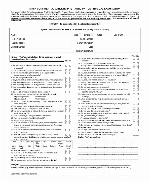 Physical Exam form Template Inspirational 8 Sample Sports Physical forms