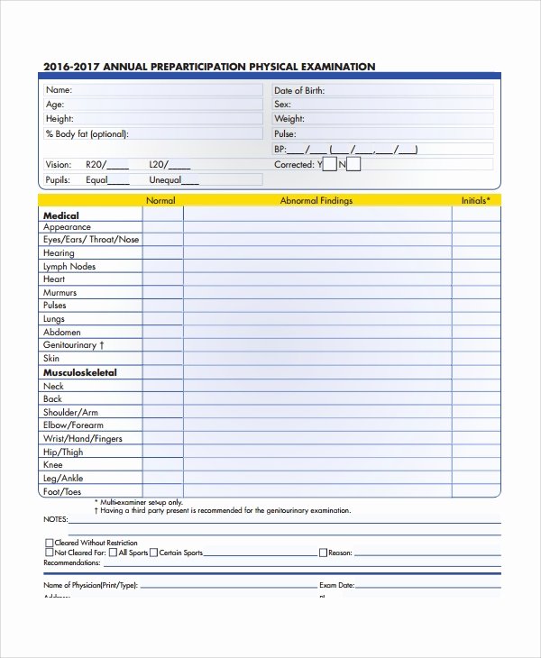 Physical Exam form Template Lovely 9 Sample Physical Exam forms – Pdf