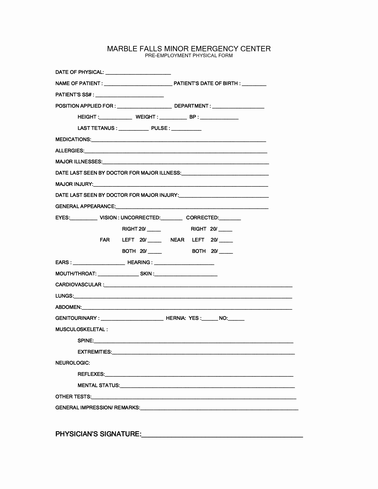 Physical Examination form Template Beautiful Work Physical Exam Blank form Bing Images