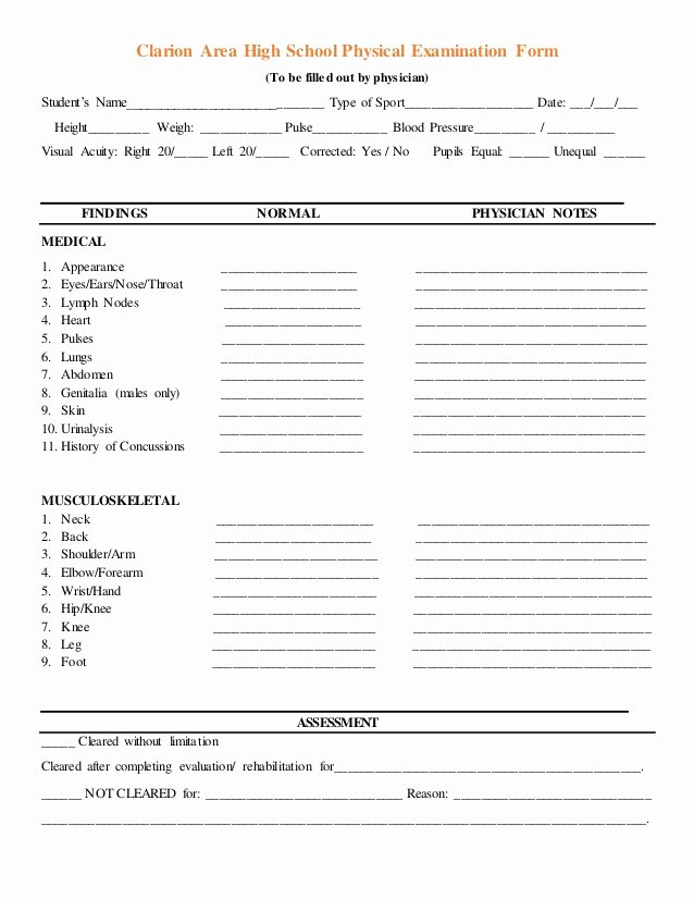 Physical Examination form Template Luxury Pre Participation Exam