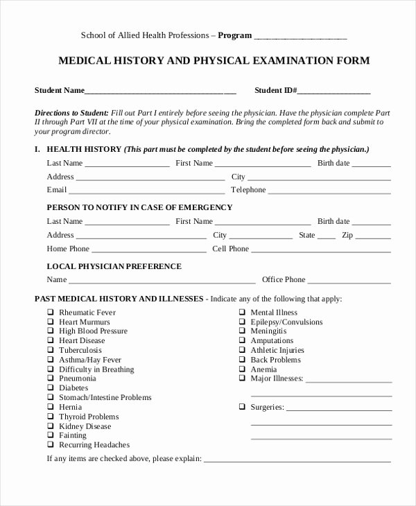 Physical Examination forms Template Fresh Sample Medical History form 11 Free Documents In Doc Pdf