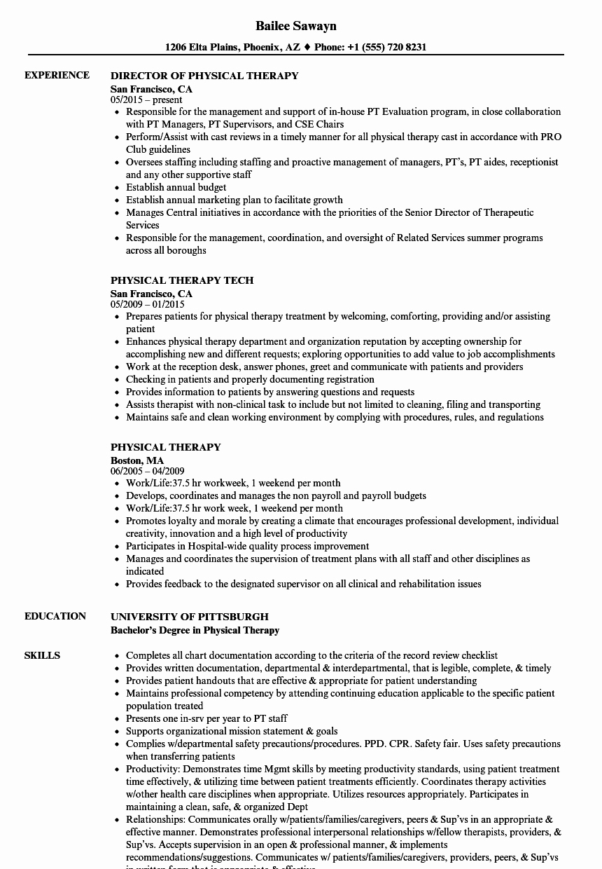 Physical therapy Resume Template Fresh Physical therapy Resume Samples