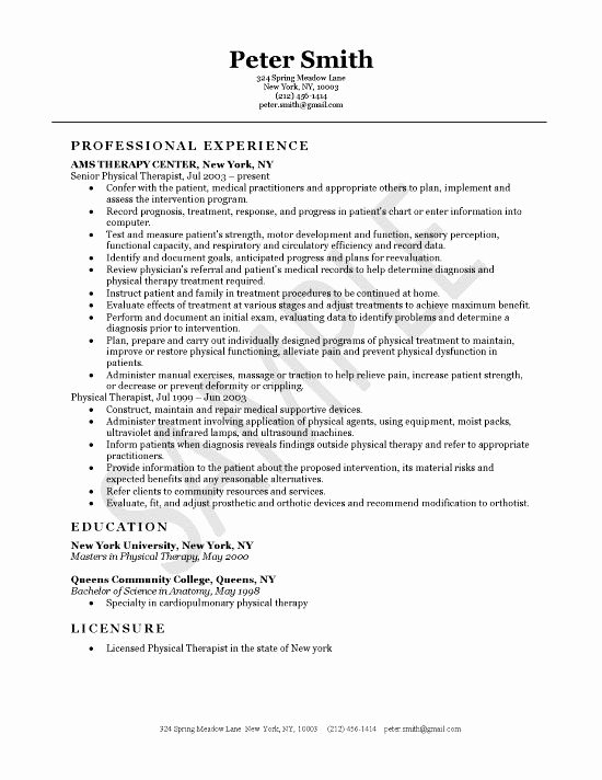 Physical therapy Resume Template Lovely Physical therapist Resume Example Resume Examples and
