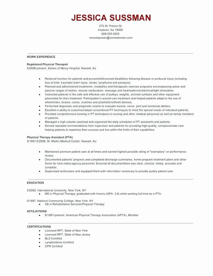 Physical therapy Resume Template New Sample Resume for Physical therapist assistant