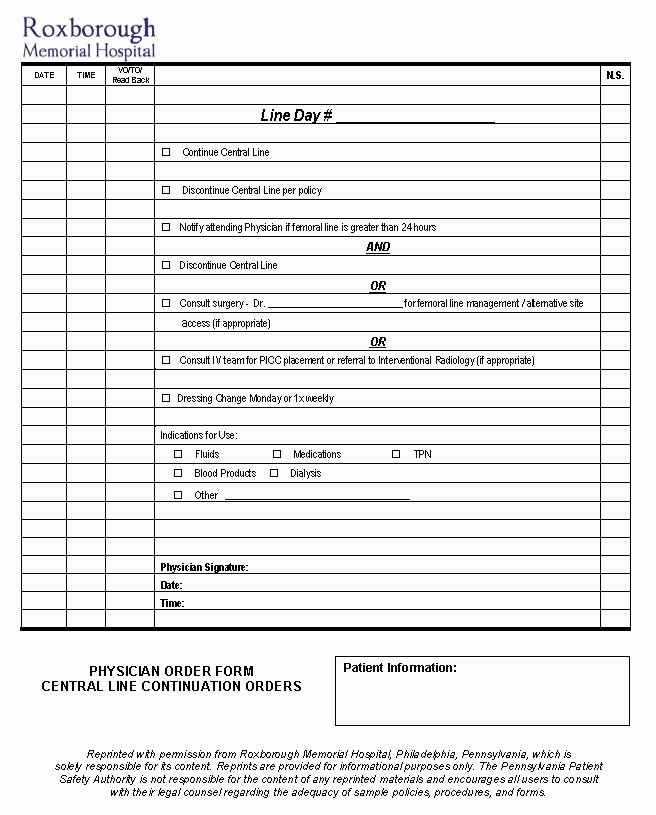 Physician orders form Template New Physician order form Central Line Continuation orders