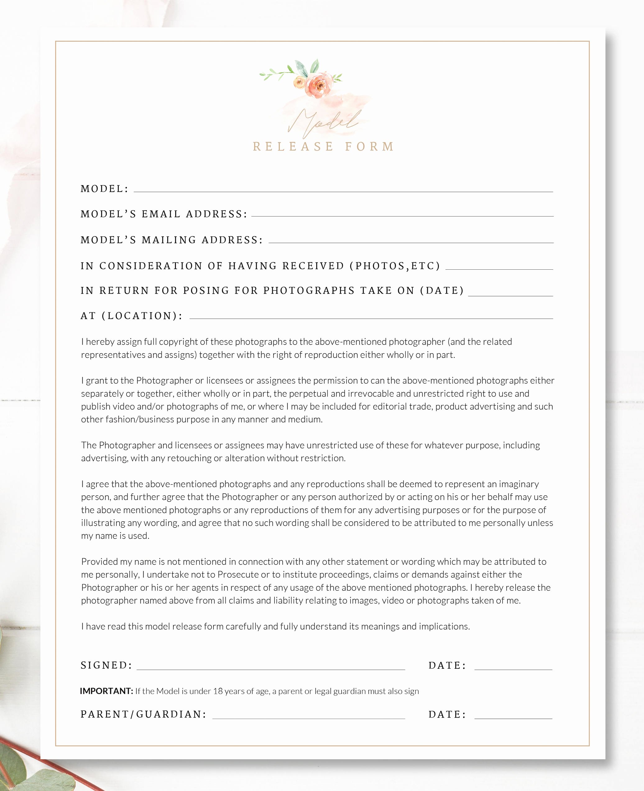Portrait Photography Contract Template Beautiful Printable Graphy Contract Model Release Permission