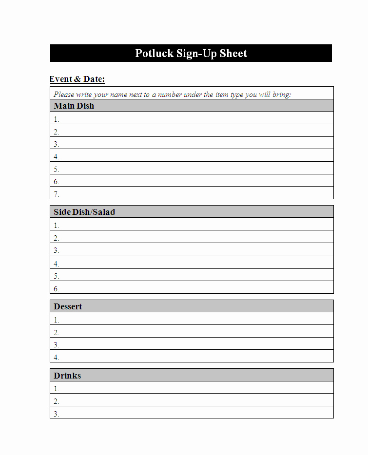 Potluck Sign Up Template Inspirational Potluck assignment Sheet