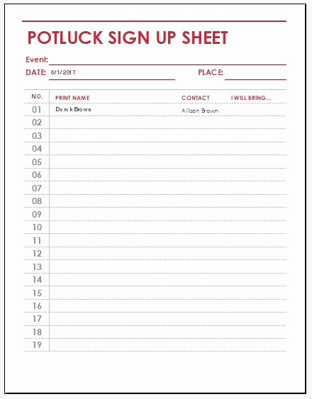 Potluck Signup Sheet Template Fresh Potluck Sign Up Sheet Templates for Excel