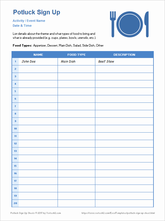 Potluck Signup Sheet Template Lovely Potluck Sign Up Sheets for Excel and Google Sheets