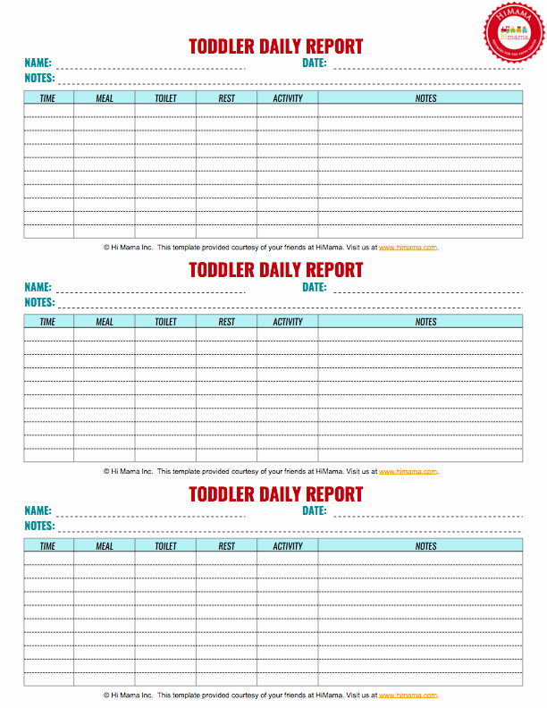 Preschool Daily Report Template Fresh toddler Daily Report 3 Per Page