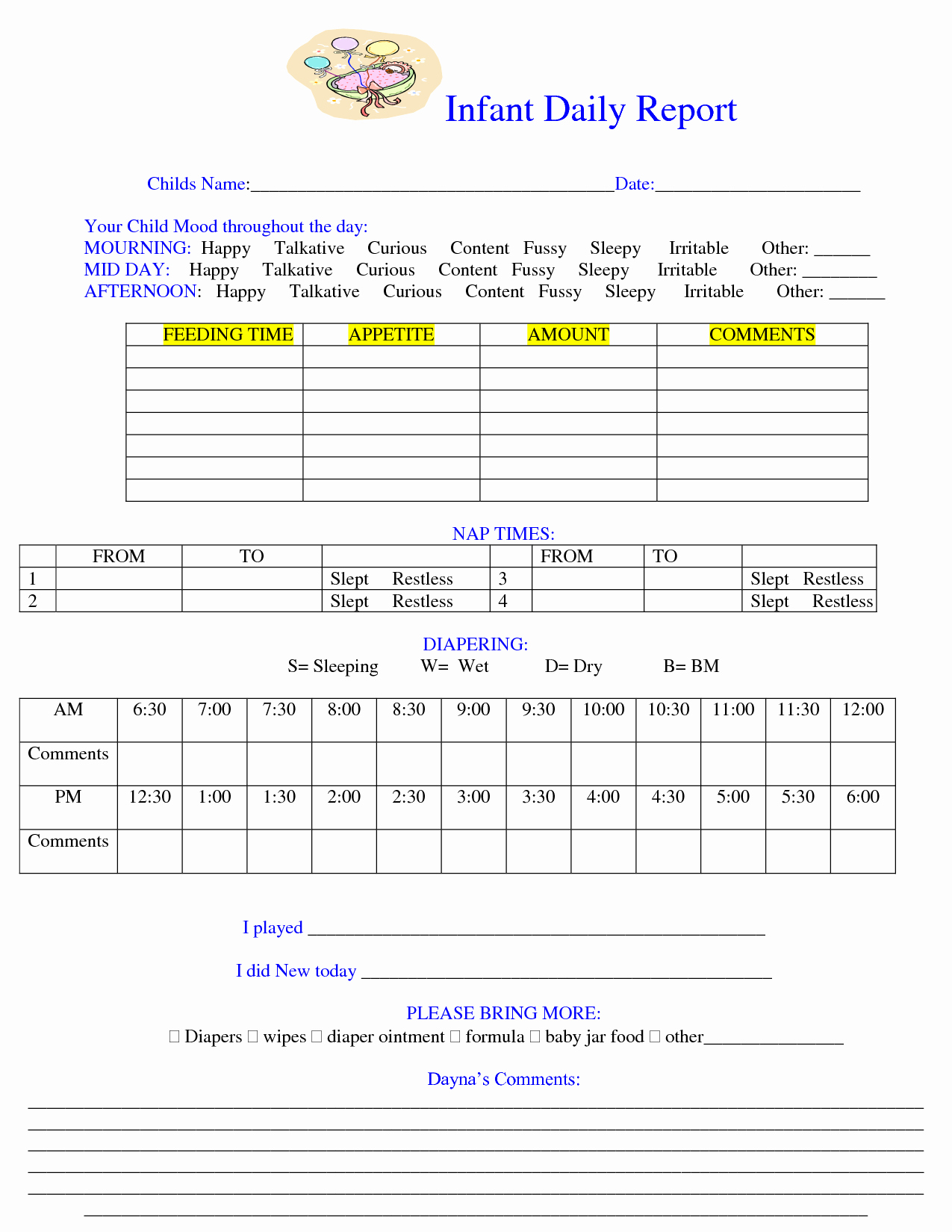Preschool Daily Report Template New Baby Daily Sheet
