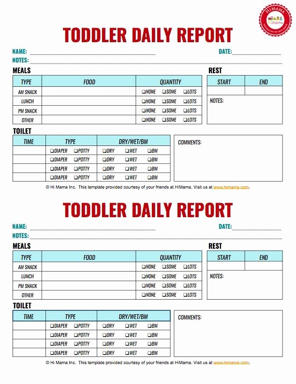 Preschool Daily Report Template Unique toddler Daily Report 2 Per Page
