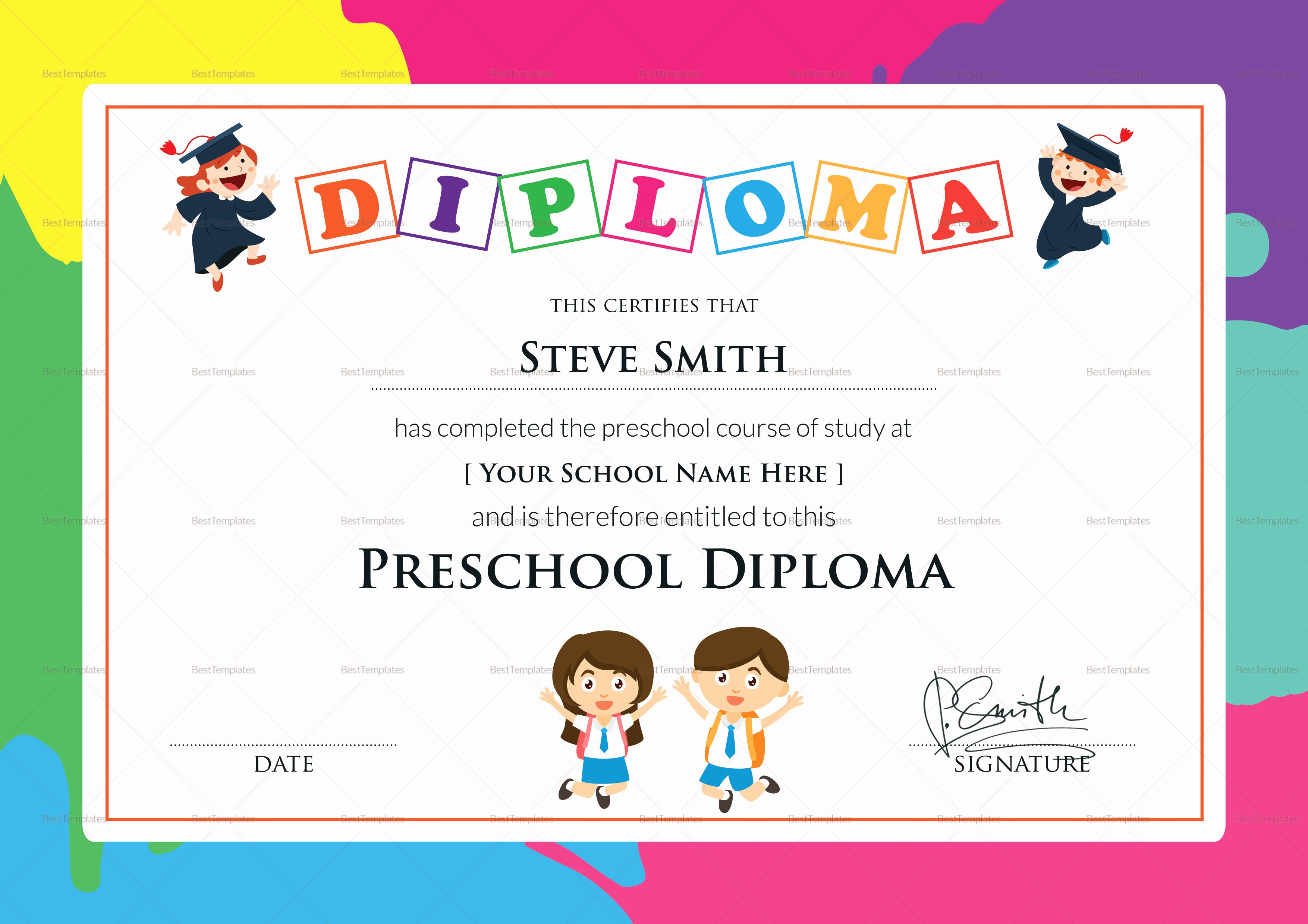 Preschool Graduation Certificate Template Awesome Preschool Diploma Certificate Design Template In Psd Word