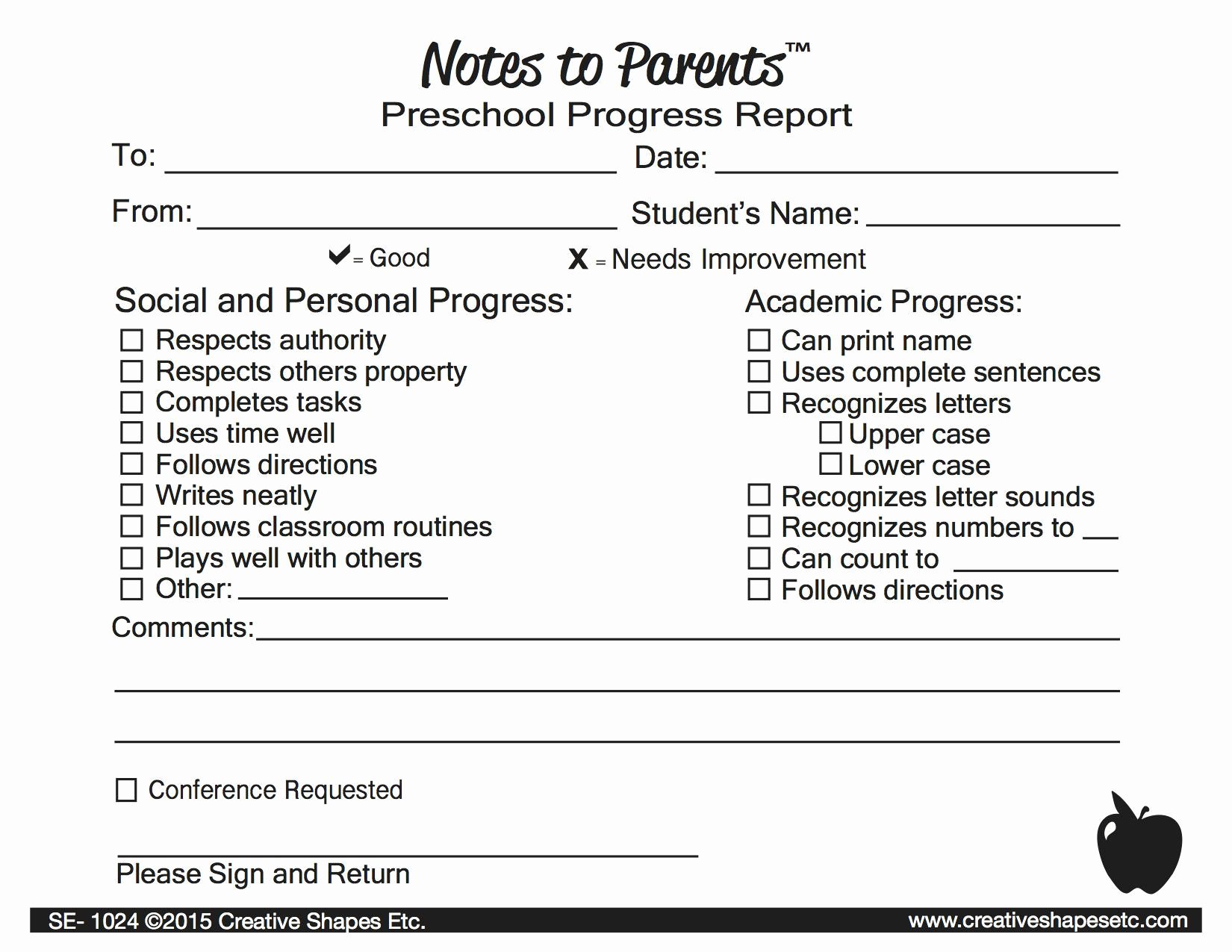 Preschool Progress Report Template Awesome Notes to Parents™ Preschool Progress Report