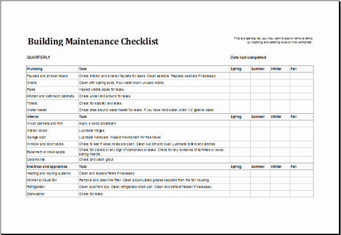 Preventive Maintenance Checklist Template New 4 Facility Maintenance Checklist Templates Excel Xlts