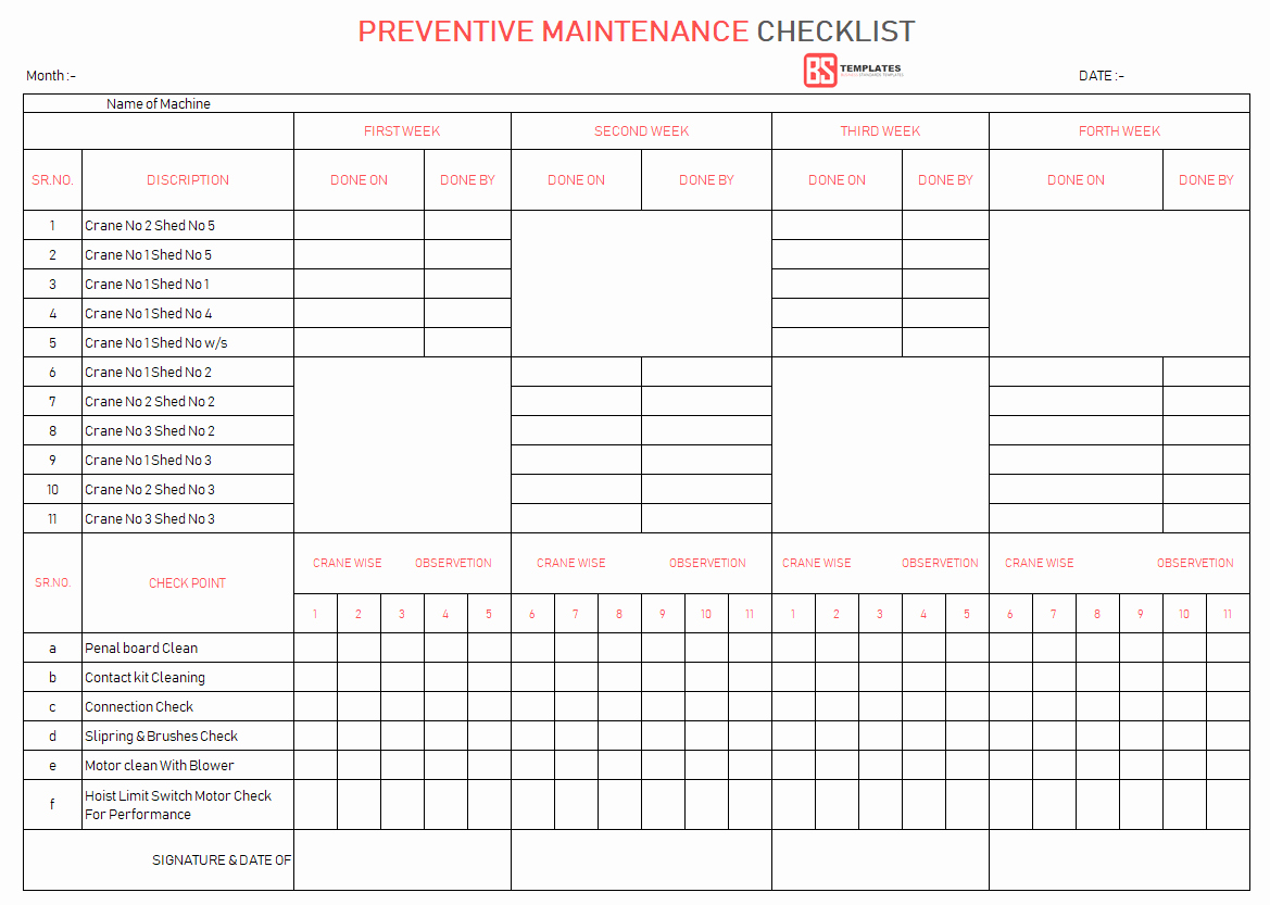 Preventive Maintenance Excel Template Awesome Maintenance Checklist Template 10 Daily Weekly