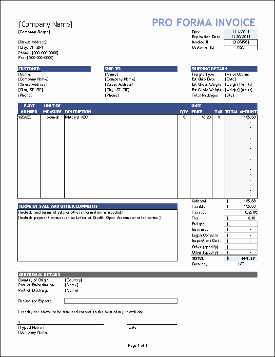 Pro forma Template Excel New Free Proforma Invoice Template for Excel