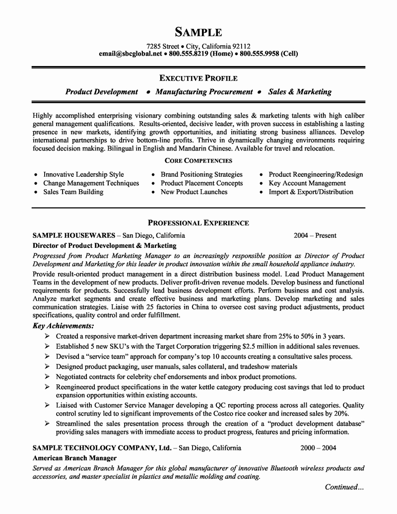 Product Manager Resume Template Lovely Product Management and Marketing Executive Resume Example