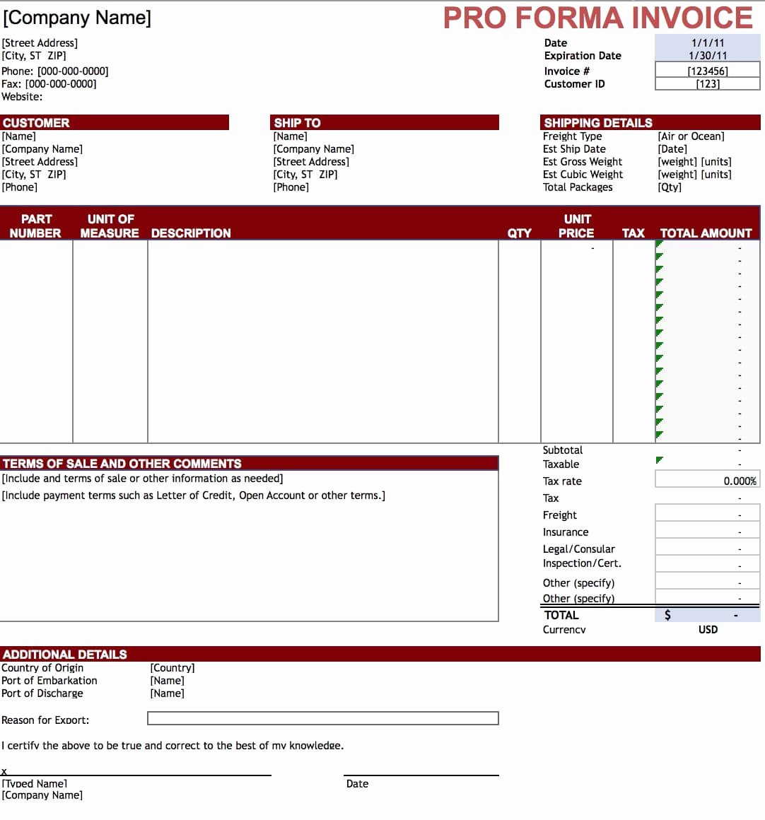 Proforma Invoice Template Excel Fresh Free Pro forma Invoice Template Excel Pdf