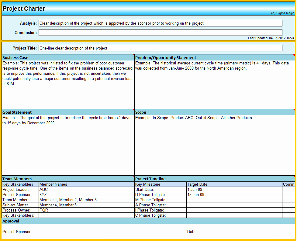 Project Charter Template Excel Unique Project Management Charter Template Six Sigma Project