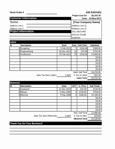 Project Cost Estimation Template Elegant 11 Job Estimate Templates and Work Quotes [excel Word]