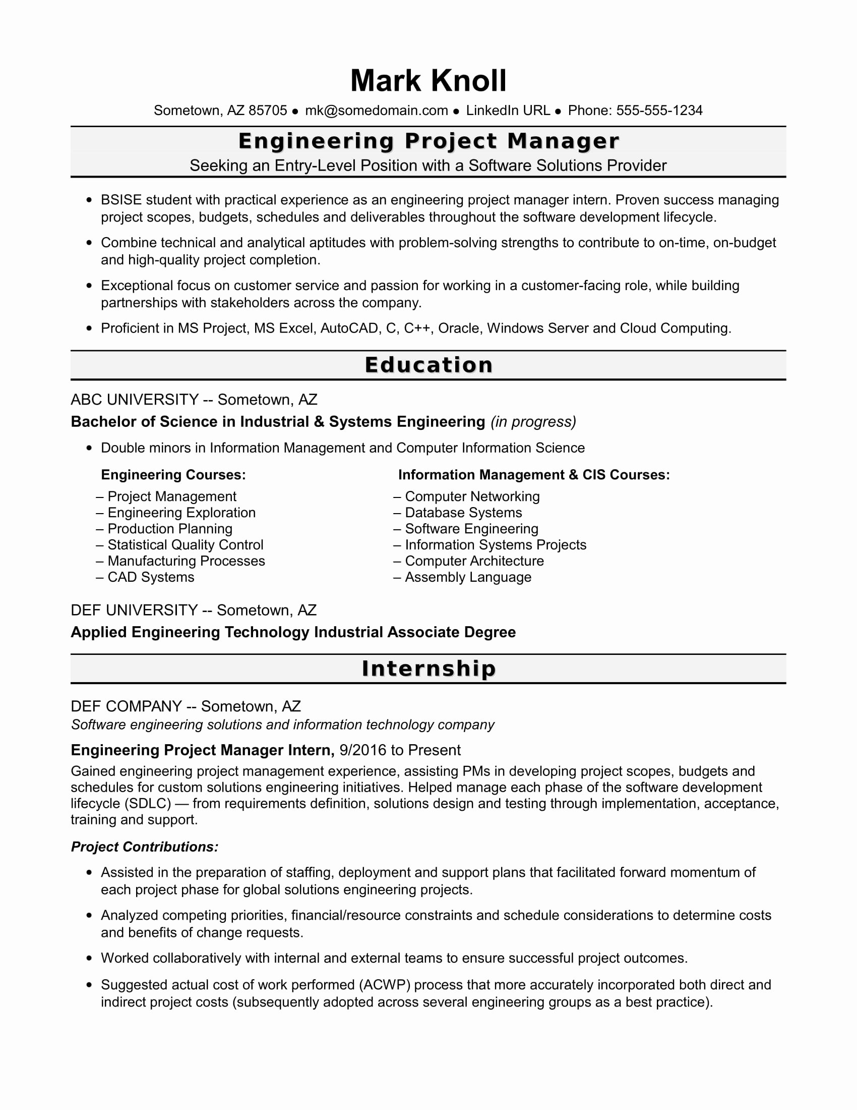 Project Manager Resume Template Inspirational Sample Resume for An Entry Level Engineering Project