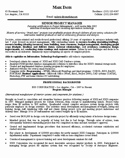 Project Manager Resume Template Unique Project Manager Resume Example Samples