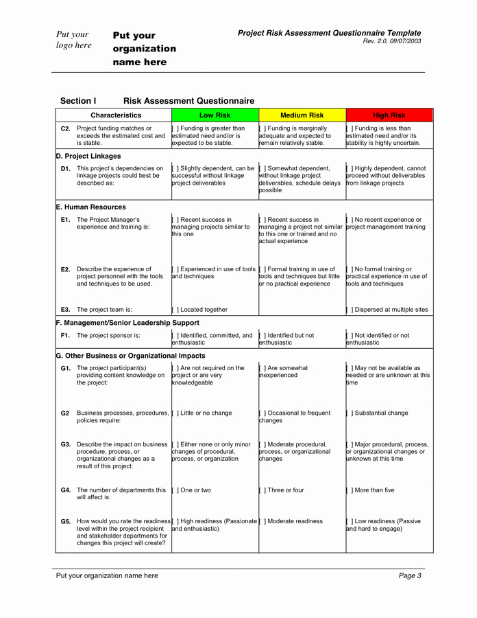 Project Risk assessment Template New Risk assessment Questionnaire Template In Word and Pdf