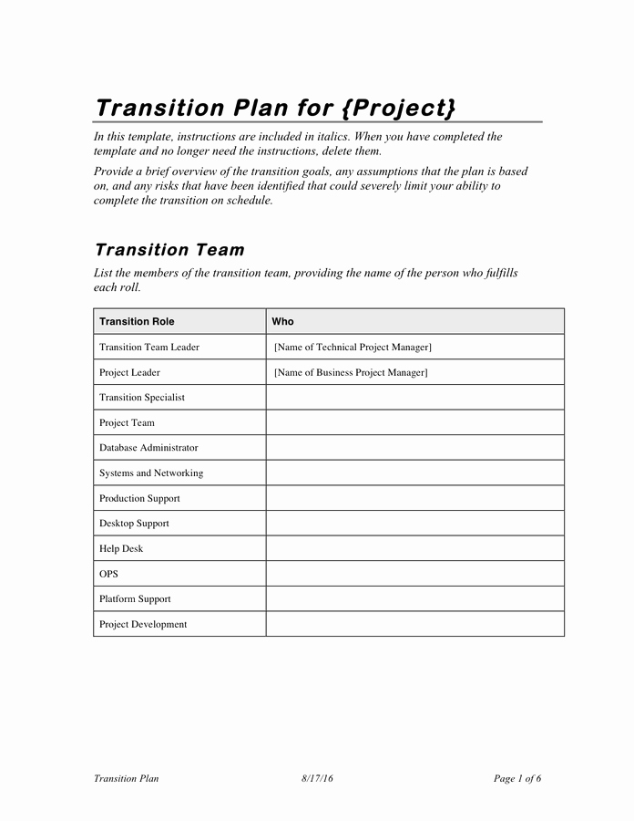 Project Transition Plan Template New Project Transition Plan Template In Word and Pdf formats