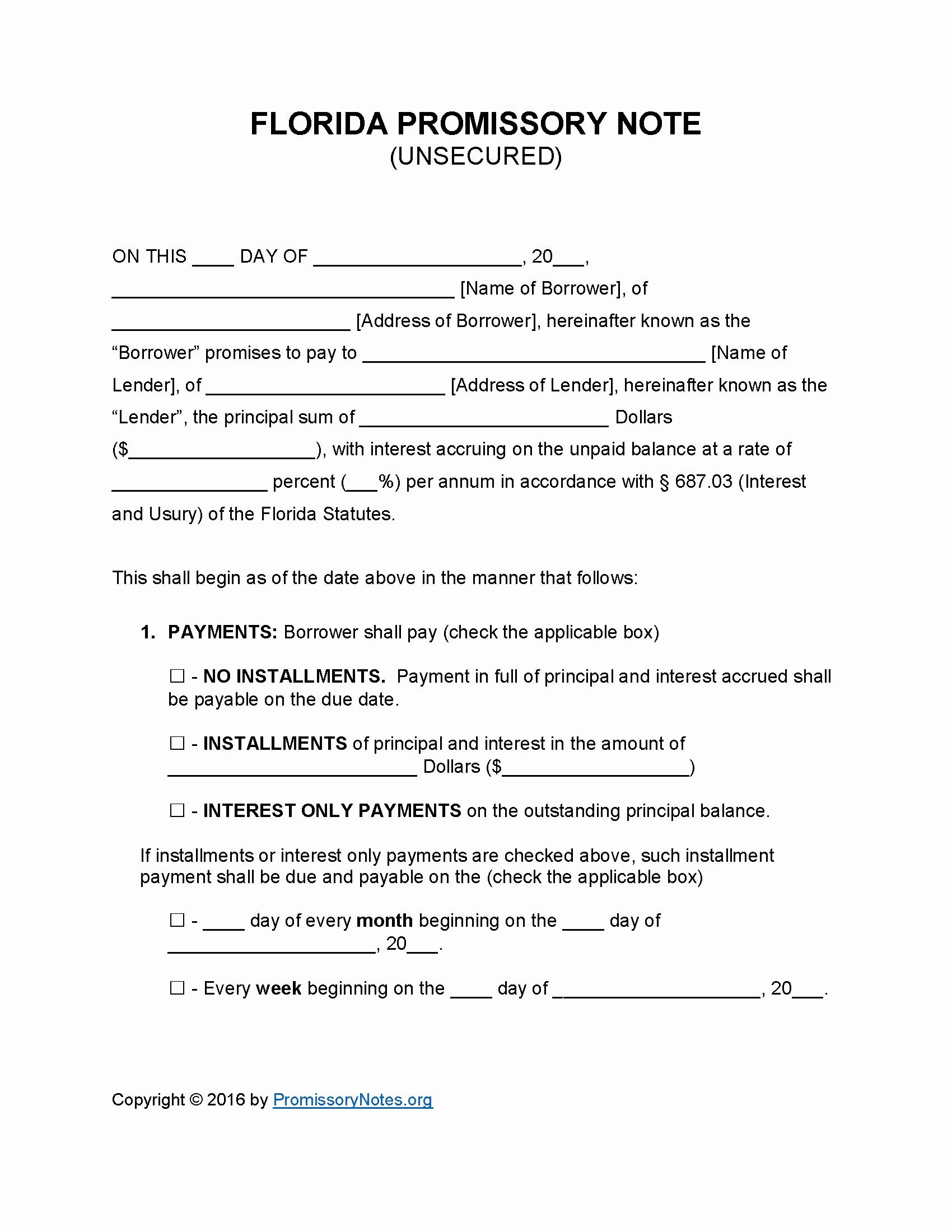 Promissory Note Template Florida Awesome Florida Unsecured Promissory Note Template Promissory