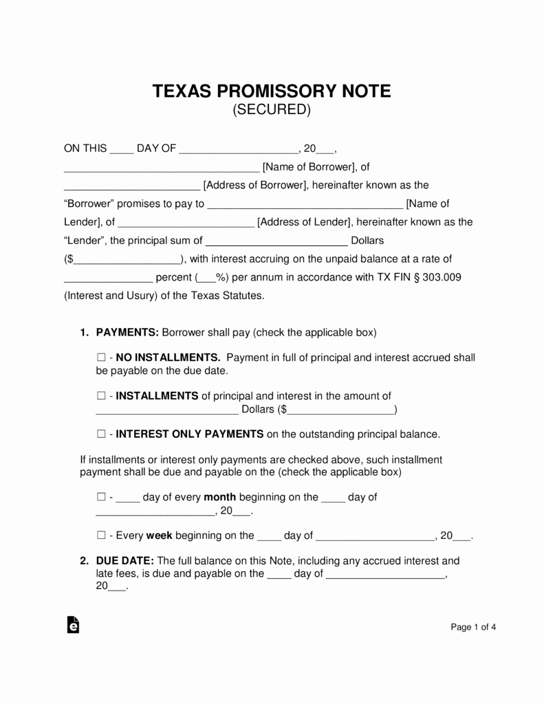 Promissory Note Template Texas Fresh Free Texas Secured Promissory Note Template Word