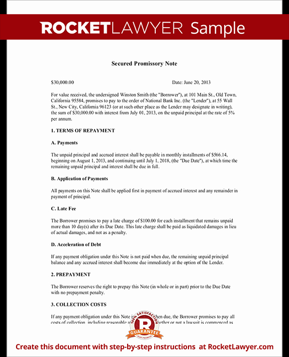 Promissory Note Template Texas New Secured Promissory Note Template Free Secured Promissory