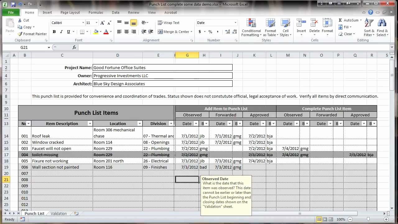 Punch List Template Excel Elegant Excel 2010 Construction Punch List Overview