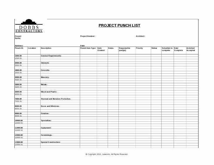Punch List Template Excel New Sample Construction Punch List Template Word – Project
