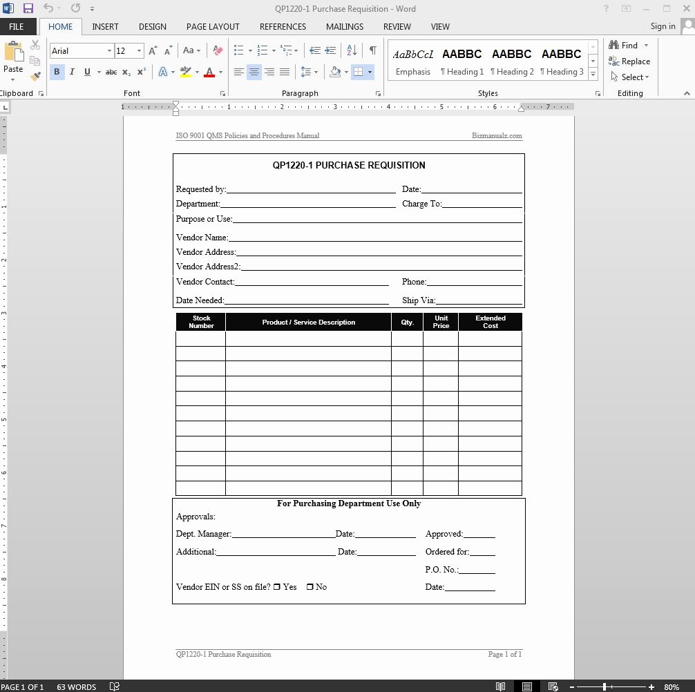 Purchase Request form Template Unique Purchase Requisition iso Template