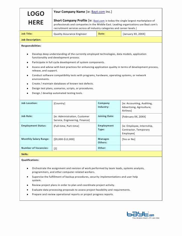 Quality assurance Plan Template Awesome Quality assurance Engineer Job Description Template by