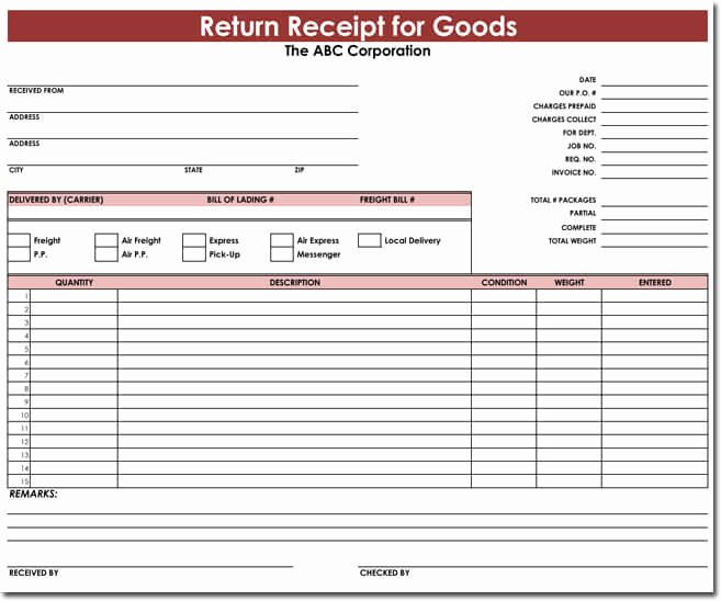 Receipt Of Goods Template Lovely Goods Return Receipt Templates Download for Excel