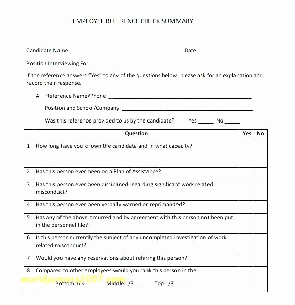 Reference Check form Template Fresh Employment Reference Template Check Questions Sample top