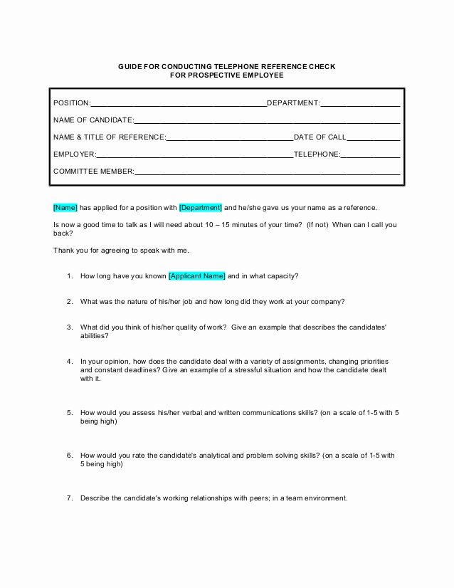 Reference Check form Template New Reference Check Questions 144