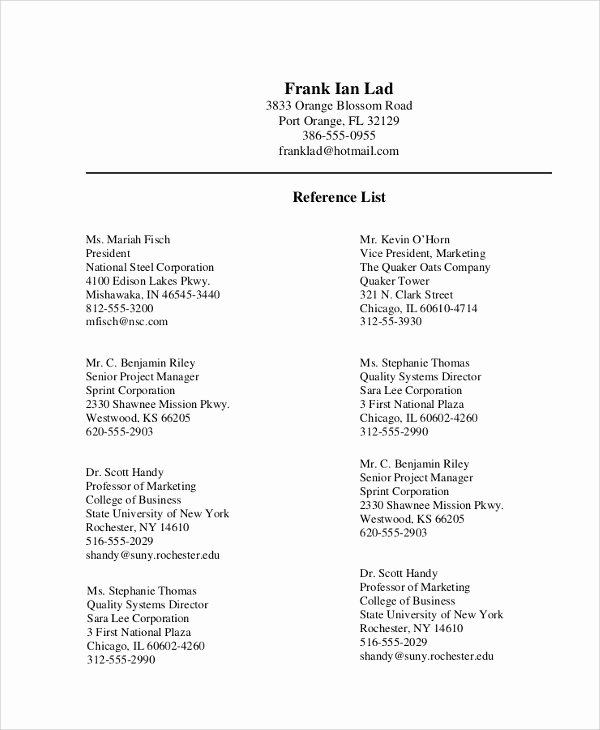 Reference List Template Word Fresh 9 Sample Reference Lists