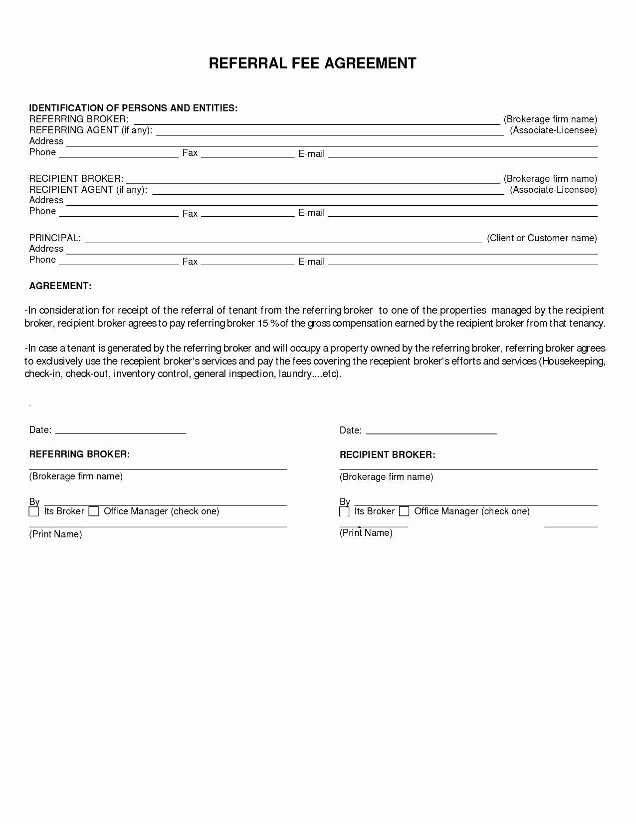 Referral Fee Agreement Template Unique 50 Useful Real Estate Referral Agreement Pe E