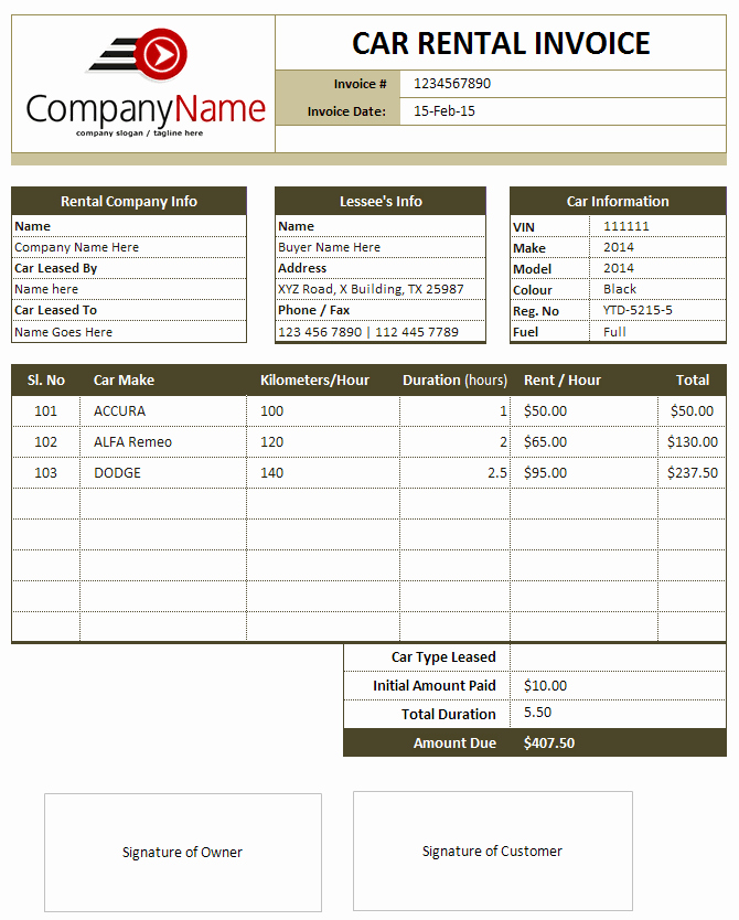 Rent Invoice Template Word Best Of Car Rental and Sales Invoice