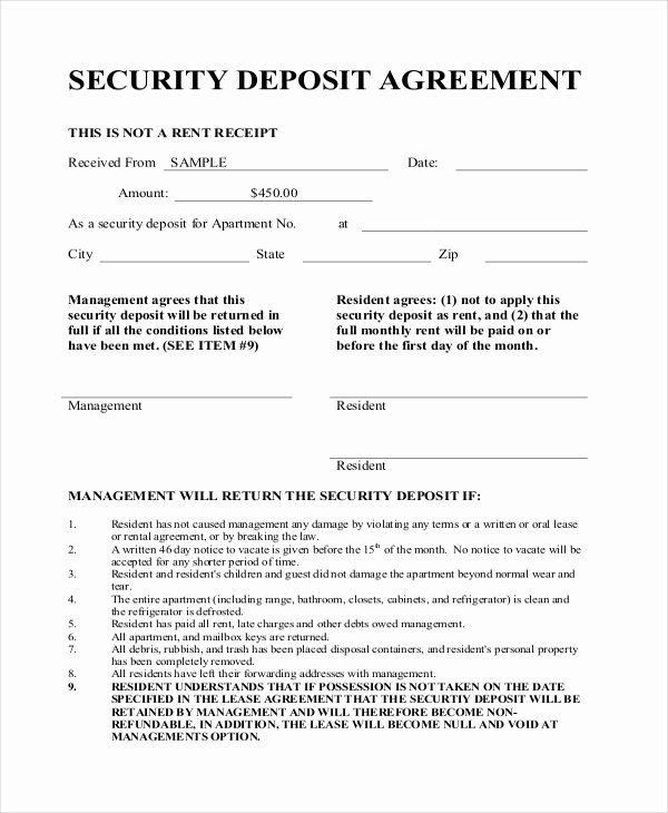 Rental Deposit Receipt Template Elegant Deposit Agreement Contract