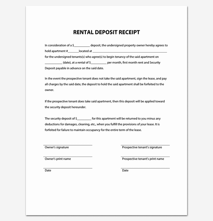 Rental Deposit Receipt Template Fresh Rent Receipt Template 9 forms for Word Doc Pdf format