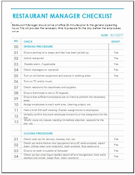 Restaurant Cleaning Checklist Template Awesome Restaurant Cleaning Checklist for Ms Excel
