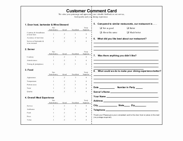 Restaurant Comment Card Template Elegant Customer Ment Cards